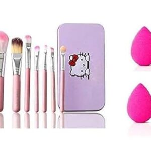 hello kitty complete makeup brush kit 7 piece set with storage box, plus 2 sponge puffs in pink