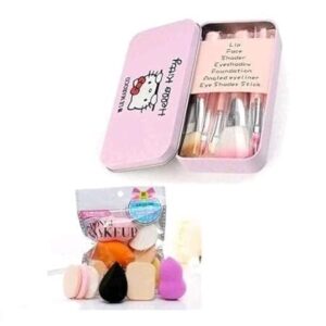 make up brush set pink 7 pieces and make up sponge beauty blender puff set of 6 (color may vary)