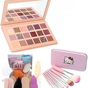 professional eye shadow palette 18 shade in 1 kit 7 pc makeup brush & family pack sponges blender combo (3 items in the set) shimmery & matte finish
