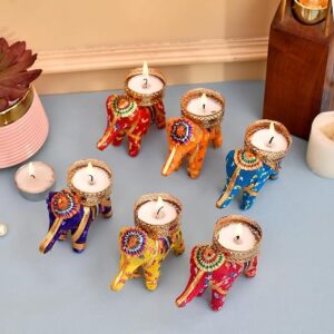 harshlove set of 6 handcrafted recycled material elephant tealight candle holder for diya home decoration (multicolor, 8 x 5 x 10 cm) decoration item for home decor