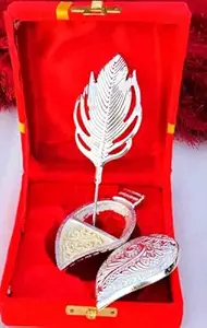 decorative silver leaf kumkum tilak box with red velvet case for rakshabandhan and festivals