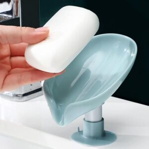 self draining soap dish – modern leaf design with drainage holes, leak proof & durable plastic for bathroom or kitchen sink, easy to clean (set of 2)