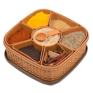 plastic square 7 sections multipurpose kitchen storage masala rangoli dabba box set, spice box set brown (masala box 7 in 1)