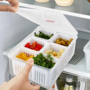 6 in 1 grid fridge storage containers fridge organizer container & lid, stackable box, space saving plastic containers for chopped vegetables, fruits